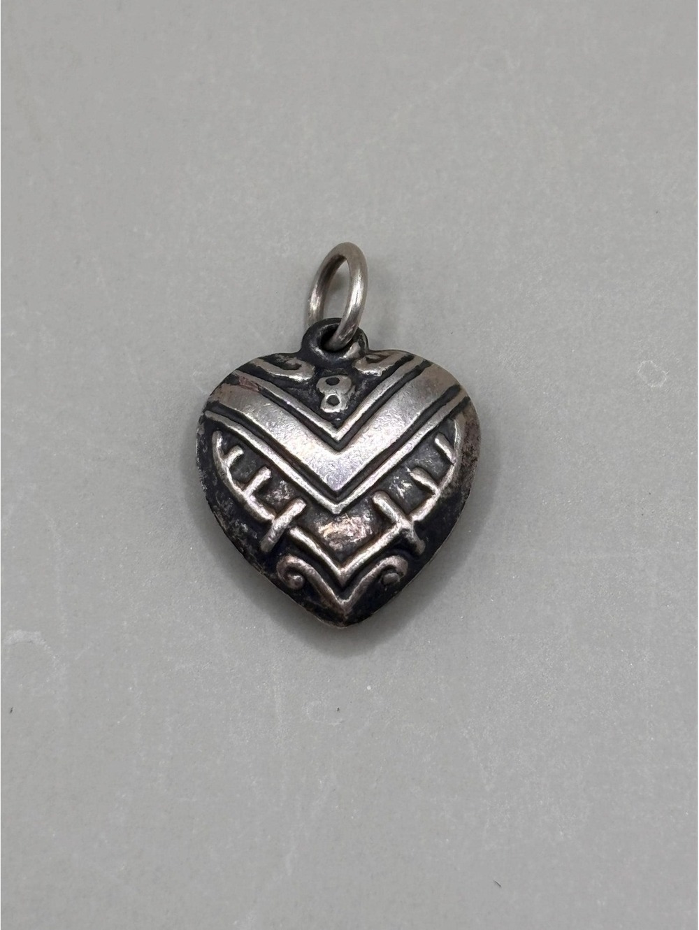 Vintage Sterling Silver Double-Sided Puffy Heart Charm Geometric Design #3